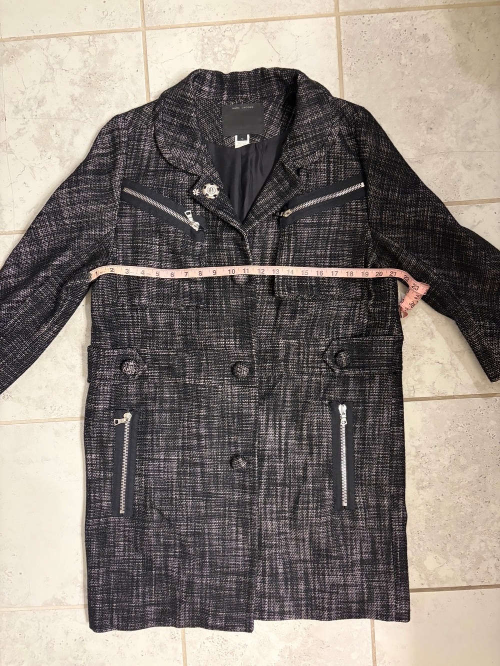 💕Marc Jacobs | Women’s Runway Tweed Lady Moto Long Coat with Zip Pockets | Sz 12 - Picture 7 of 10